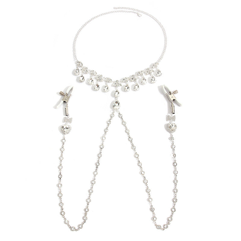 Heart & Bow Crystal Chain Nipple Clamps with Collar-0