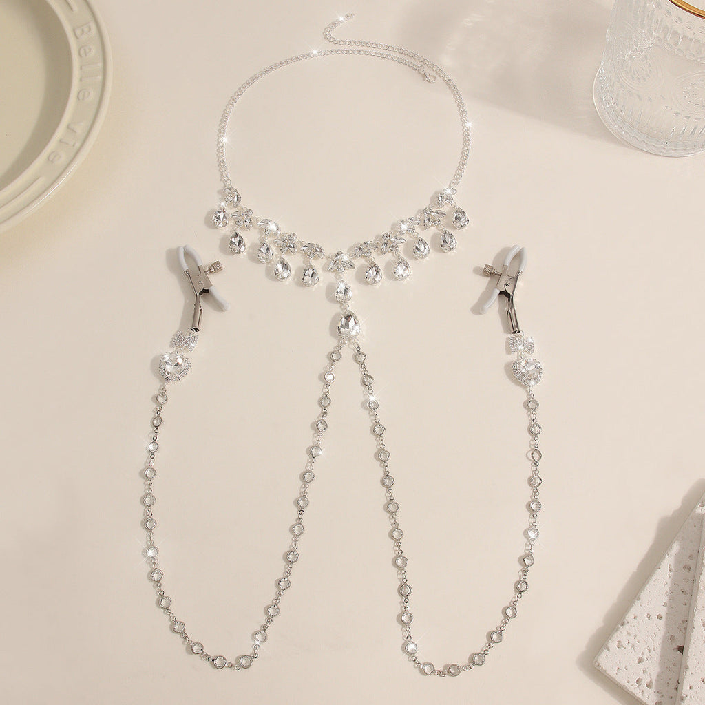 Heart & Bow Crystal Chain Nipple Clamps with Collar-2