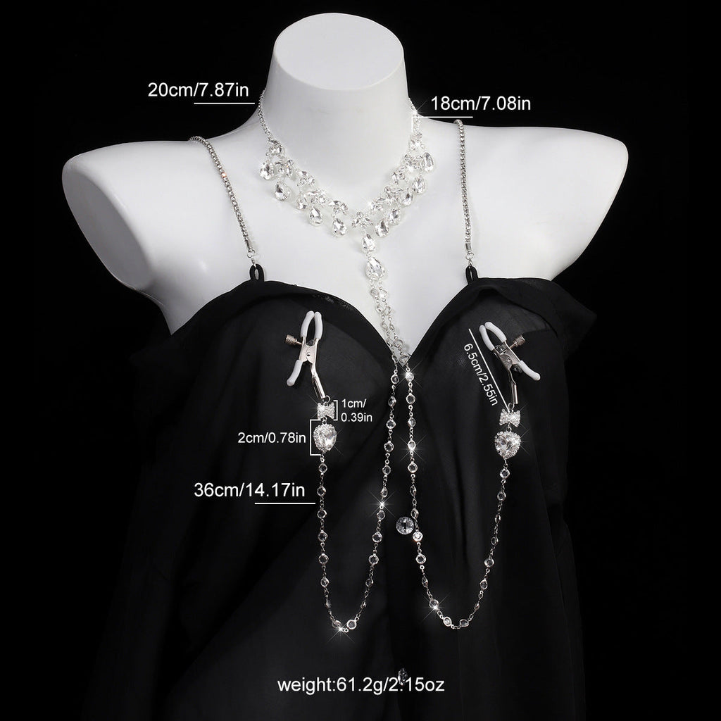 Heart & Bow Crystal Chain Nipple Clamps with Collar-4