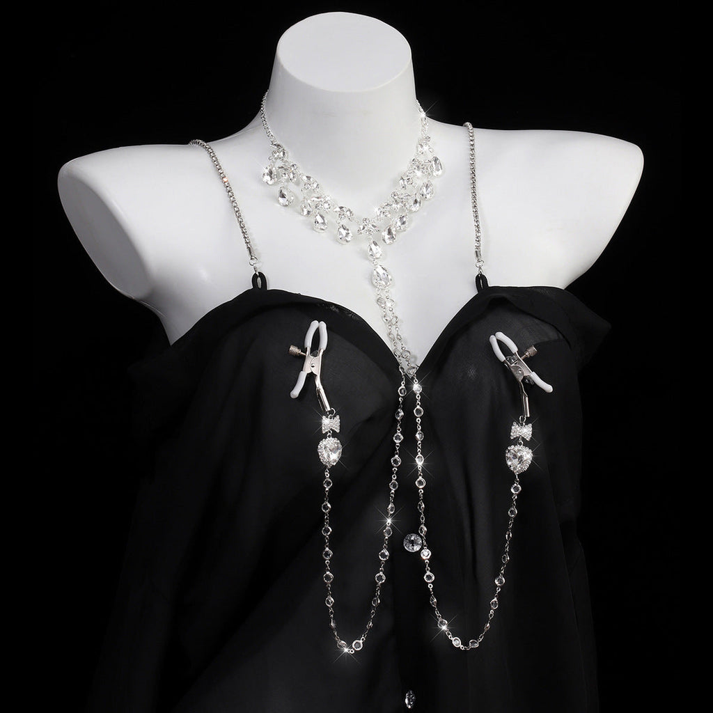 Heart & Bow Crystal Chain Nipple Clamps with Collar-1